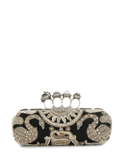 Alexander Mcqueen Embellished Leather Knuckle Ring Clutch In Black