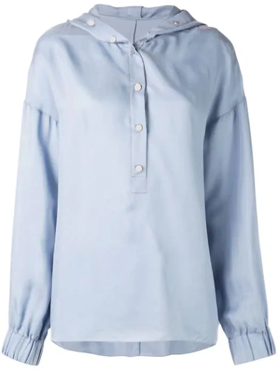 Tibi Half Snap Button Placket Hooded Top In Blue