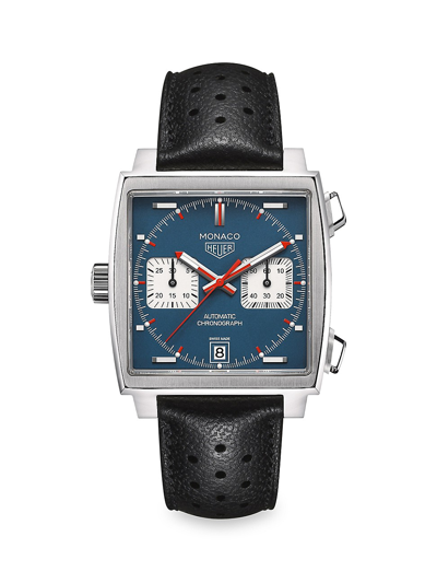 Tag Heuer Women's Monaco 39mm Calibre 11 Stainless Steel & Perforated Black Leather Strap Automatic Chronograp In Blue