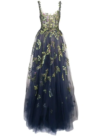 Oscar De La Renta Structured Gown With Botanical Embroidery In Blue