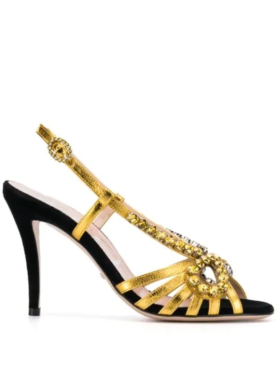 Gucci Crystal-embellished Metallic Leather Sandals In Gold