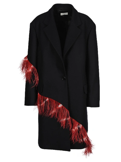 Dries Van Noten One-button Wool Coat With Ostrich Feather Trim In Navy + Fuxia