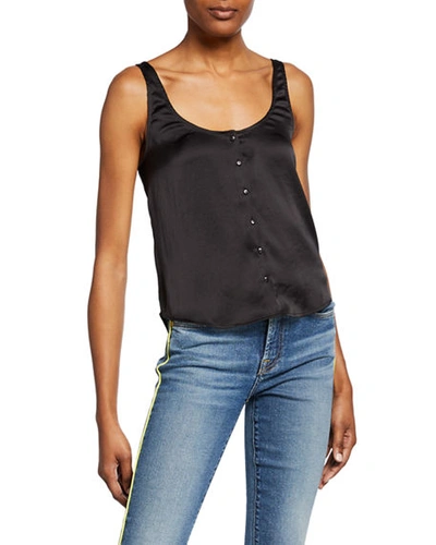 7 For All Mankind Scoop-neck Button-up Satin Tank In Jet Black