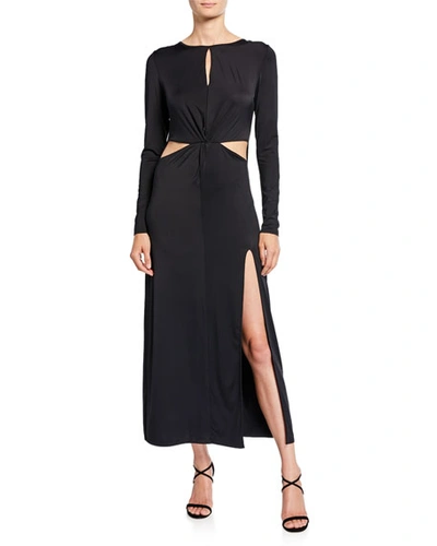 Donna Mizani Cassia Long-sleeve Twist-front Gown With Cutouts & Slit In Black