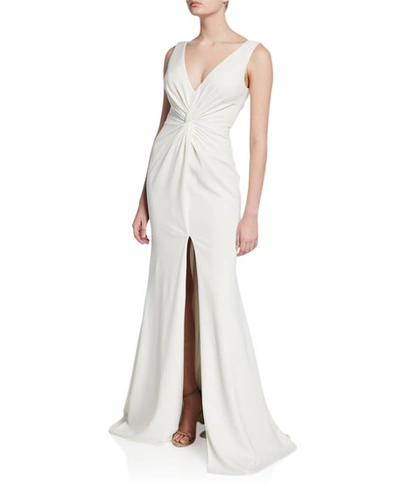Jovani V-neck Knotted Sleeveless Mermaid Gown With Front Slit In White