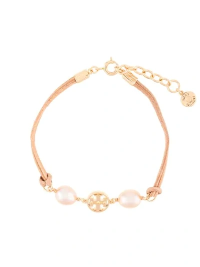 Tory Burch Logo Cultured Freshwater Pearl Bracelet In Tory Gold / Champagne