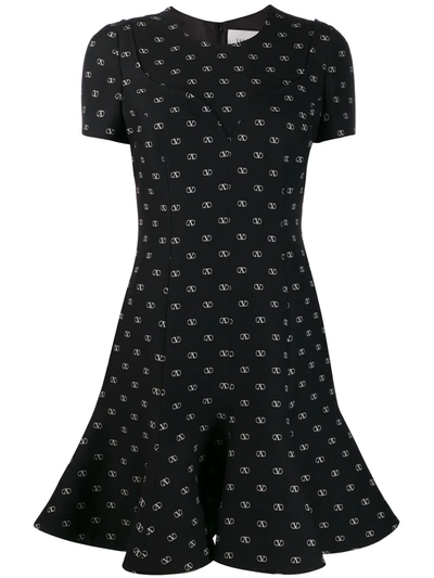 Valentino Go Logo-print Flared-hem Wool-blend Dress In Black
