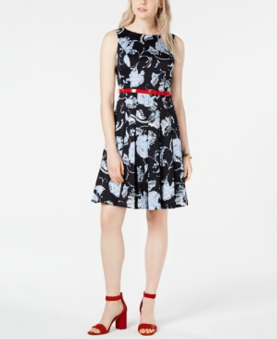 Tommy Hilfiger Belted Floral-print Dress, Created For Macy's In Sky Captain Multi
