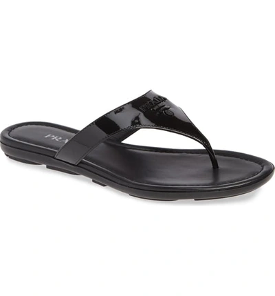 Prada Logo Flip Flop In Black Patent