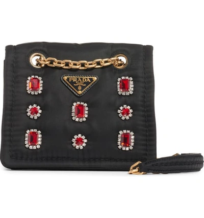 Prada Jewel Embellished Nylon Shoulder Bag - Black In Rubino/ Rosso