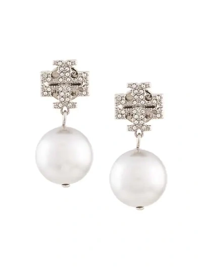 Tory Burch Crystal Logo Pearl Drop Earrings In Silver