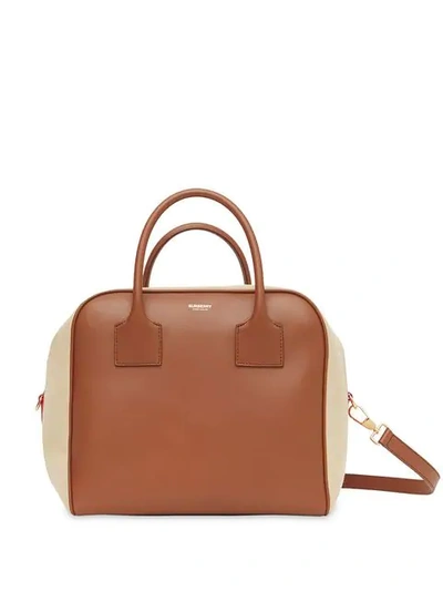Burberry Medium Leather And Cotton Canvas Cube Bag In Malt Brown