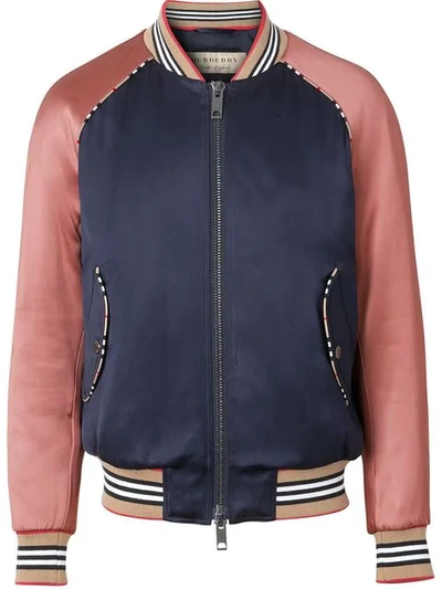 Burberry Icon Stripe Detail Monogram Motif Bomber Jacket In Navy/pink