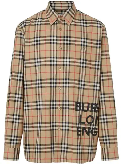 Burberry Logo Print Check Cotton Oversized Shirt In Neutrals