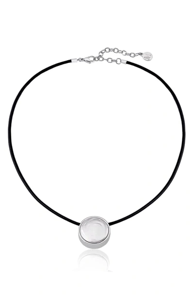 Majorica Stainless Steel, Leather & 20mm White Flat Coin Man-made Pearl Necklace In Silver/black