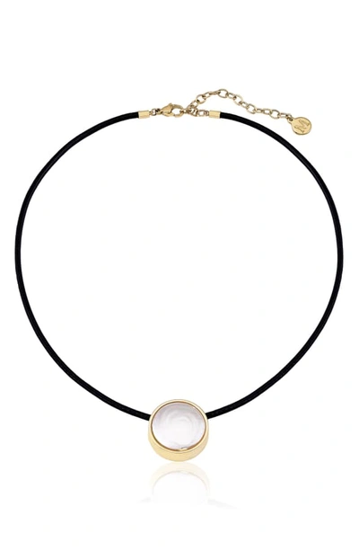 Majorica Stainless Steel, Leather & 20mm White Flat Coin Man-made Pearl Necklace In Gold/black