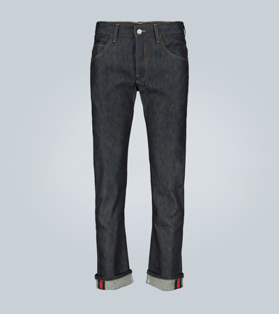 Gucci 17.5 Cotton Blend Jeans W/ Web Detail In Dark Blue