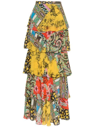 Etro Printed Ruffle Silk Georgette Long Skirt In 108 - Multicoloured