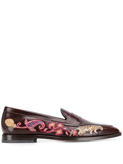 Etro Embroidered Loafers In Red