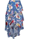 Alice And Olivia Mariel Floral Asymmetric Tiered Ruffle High-low Midi Skirt In Colorful Bouquet Riviera