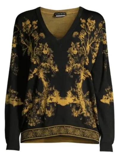 Etro Wool & Silk Forest Print V-neck Sweater In Black