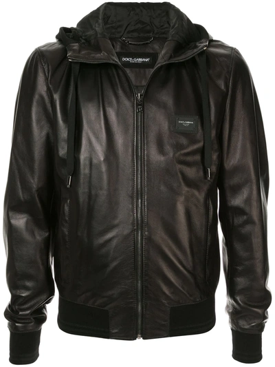 Dolce & Gabbana Leather Jacket With Hood And Branded Plate In Black