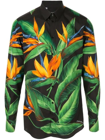 Dolce & Gabbana Cotton Martini-fit Shirt With Bird Of Paradise Print In Black