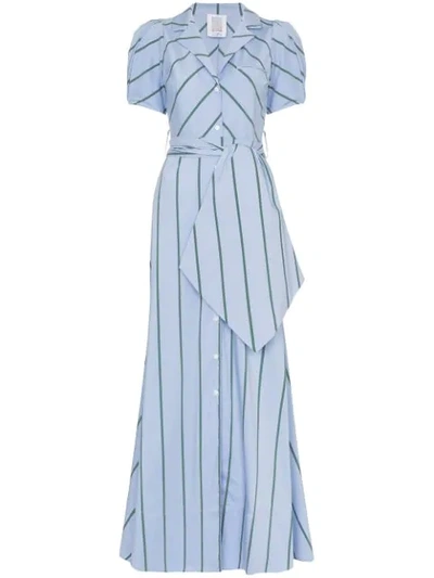 Rosie Assoulin Puff-sleeve Striped Cotton-blend Maxi Dress In Light Blue