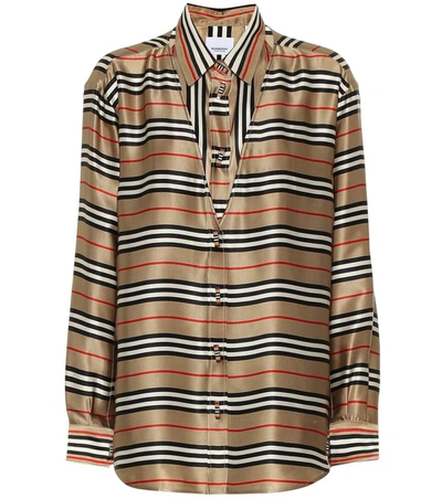 Burberry Cut-out Detail Icon Stripe Silk Shirt In Archive Beige