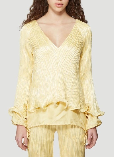 Sies Marjan Freida Crinkled Satin Linen V-neck Ruffle Top In Yellow