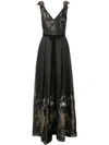 Marchesa Notte V-neck Sleeveless Metallic Fils Coupe Gown W/ Shoulder Detailing In Black