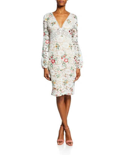 Badgley Mischka Floral-print Long-sleeve Boho Lace Cocktail Dress In Ivory Multi