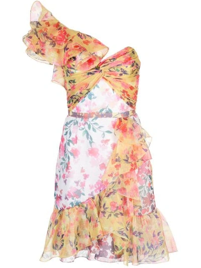 Marchesa Notte Colorblock Floral-print One-shoulder Twisted Ruffle Dress In Yellow