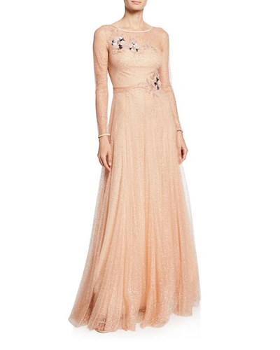 Marchesa Notte Long-sleeve Glitter Tulle Gown With Beaded Floral Appliques & Bow In Rose Gold