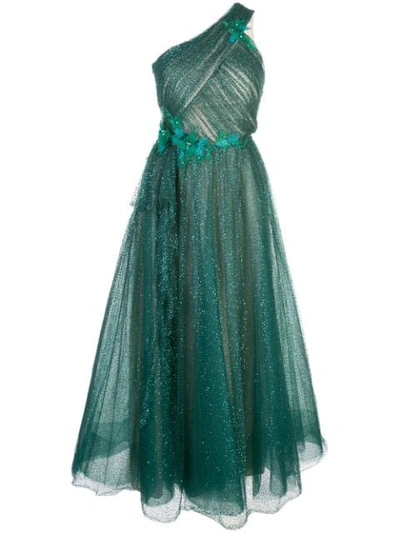 Marchesa Notte One-shoulder Glittery Tulle Midi Gown W/ Beaded Floral Appliques In Green