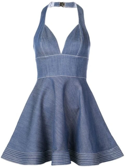 Alexis Tarrana Halter Flounce Chambray Short Dress In Blue