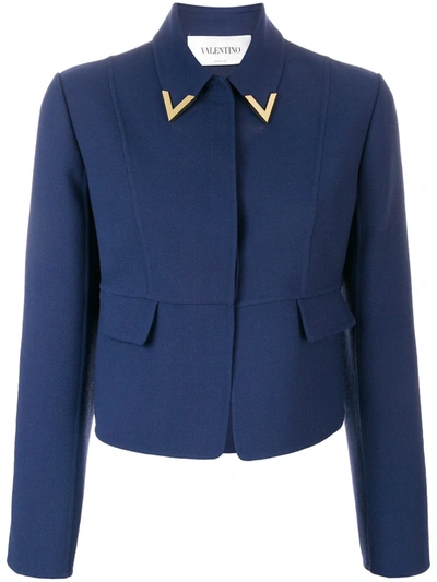 Valentino One-button Logo Hardware Double Crepe Wool Jacket In Pure Blue