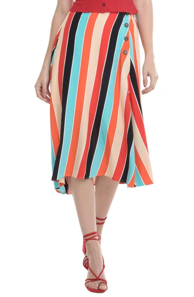 Astr Monica Striped Asymmetric Midi Skirt In Aqua/ Orange Stripe