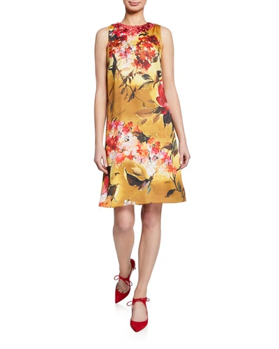 Theia Floral-print Beaded-neck Sleeveless A-line Dress In Yellow