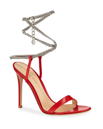 Gianvito Rossi Leather Sandals With Ankle Chain, Red