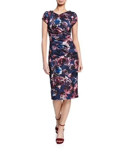 Theia Floral-print Cap-sleeve Ruched Sheath Dress In Navy