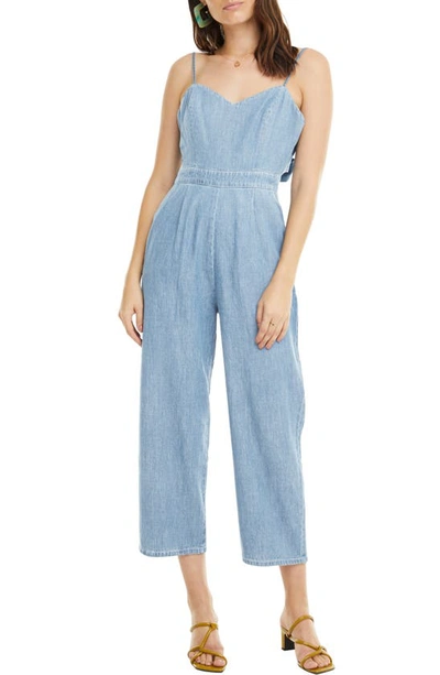 Astr Edie Sweetheart Spaghetti-strap Crop Denim Jumpsuit In Light Wash