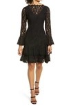Shani Long-sleeve Illusion-neck Ruffle-hem Lace Dress In Black