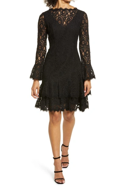 Shani Long-sleeve Illusion-neck Ruffle-hem Lace Dress In Black