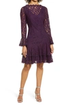 Shani Long-sleeve Illusion-neck Ruffle-hem Lace Dress In Purple