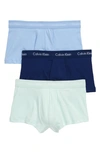 Calvin Klein 3-pack Stretch Cotton Low Rise Trunks In Wedgewood/ Green/ Blue
