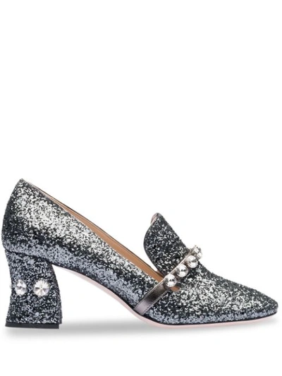 Miu Miu Women's Jewelled Block-heel Glitter Loafers In Silver