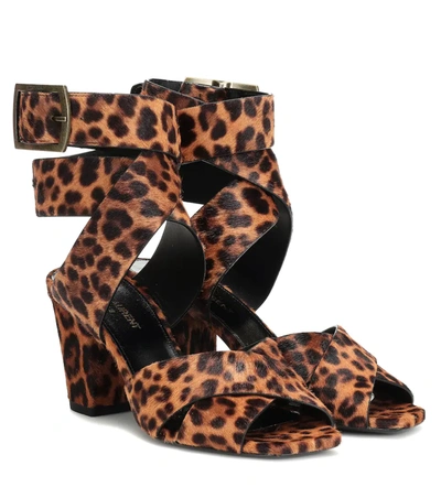 Saint Laurent Oak Leopard-print Calf-hair Sandals In Brown