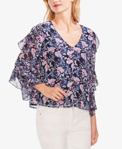 Vince Camuto Charming Floral Tiered Sleeve Top In Classic Navy