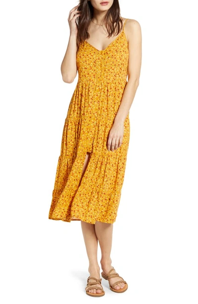 Band Of Gypsies Floral Print Slit Front Tiered Midi Dress In Mustard/ Orange